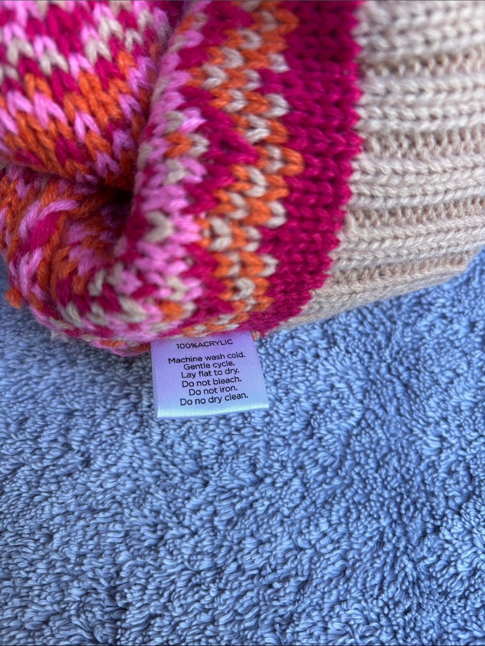 Pom Pom Knit Beanie - Pink Multicolor with Beige Cuff - Picture 6 of 7
